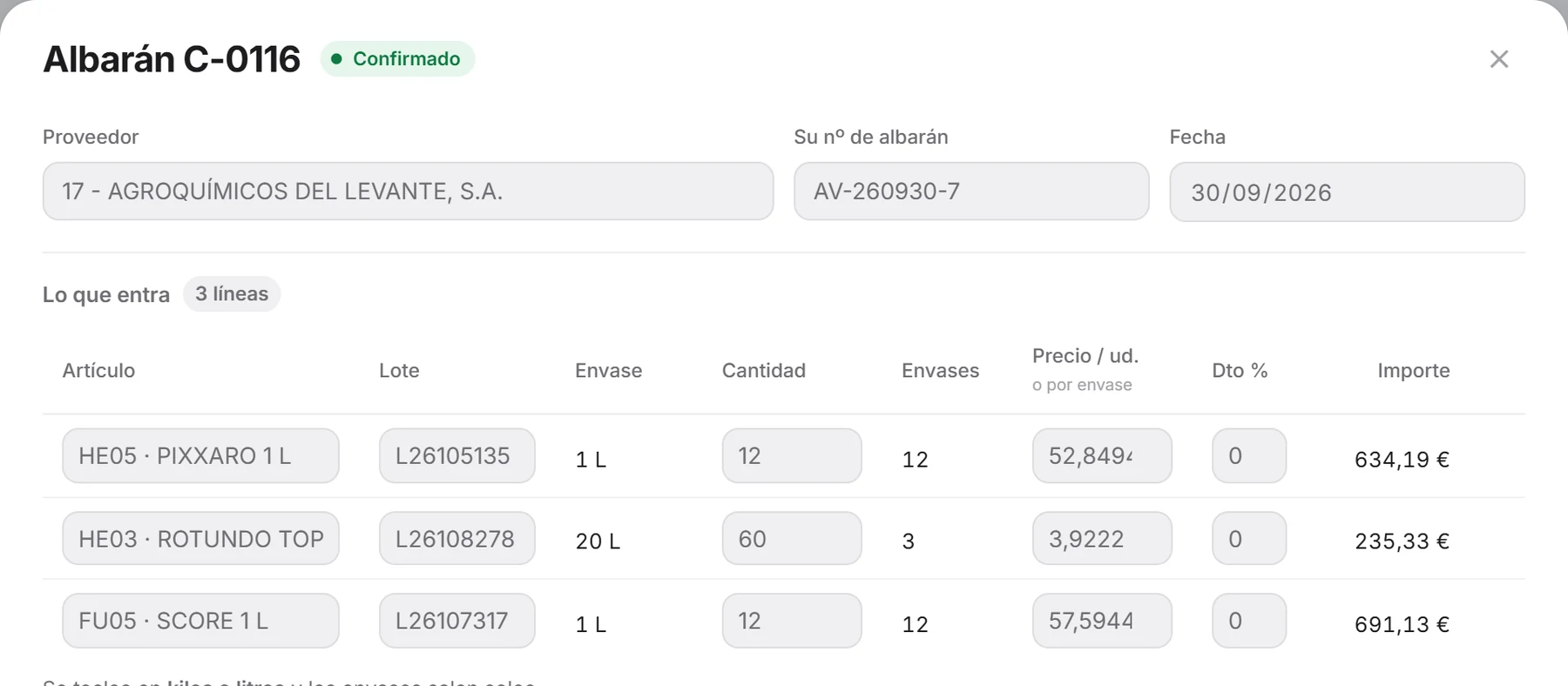 El mismo albarán, ya dentro de ERP FITO con sus tres líneas y sus lotes