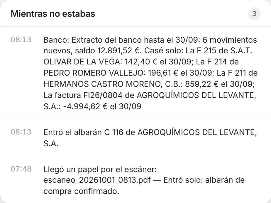 La tarjeta «Mientras no estabas»: el extracto del banco casado, el albarán que entró y el papel del escáner