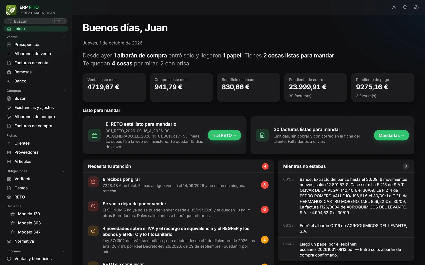 ERP FITO en modo oscuro