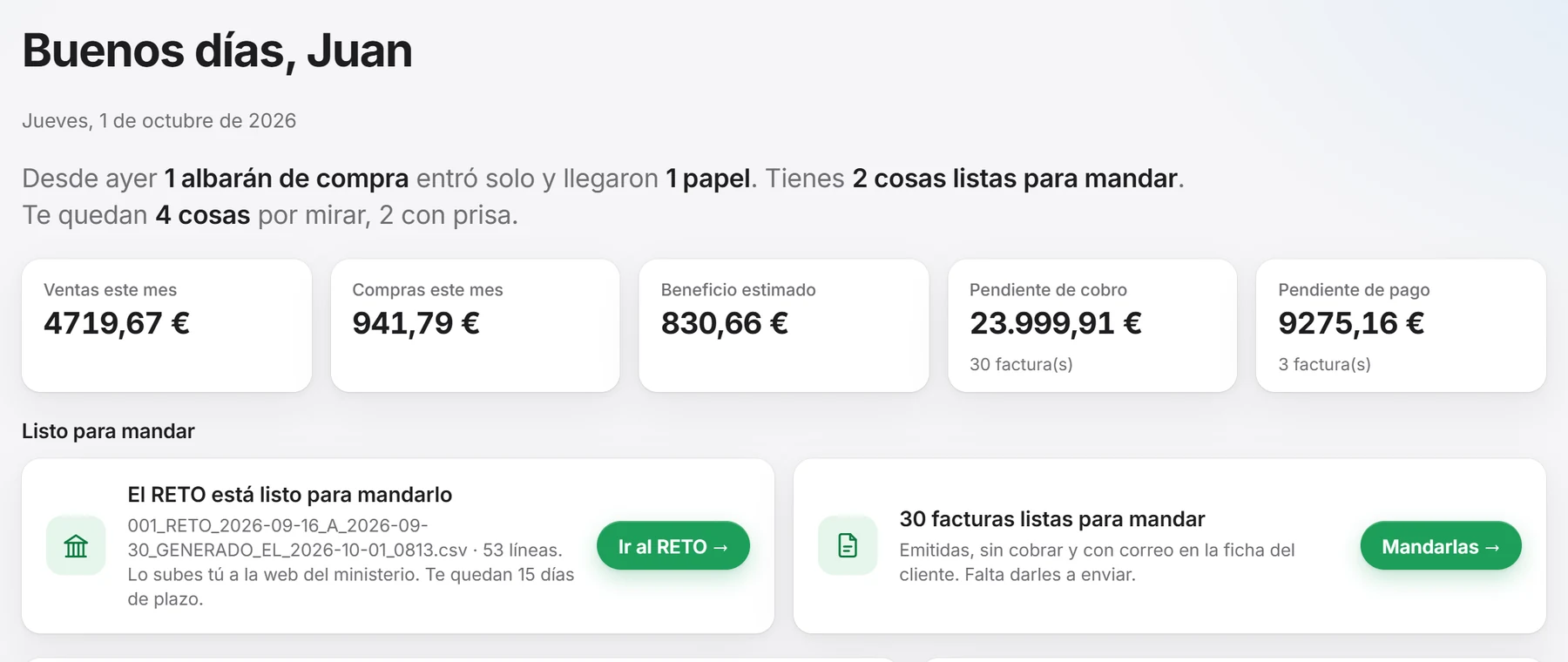La portada de ERP FITO: «Desde ayer 1 albarán de compra entró solo y llegaron 1 papel. Tienes 2 cosas listas para mandar»; el RETO listo y 30 facturas listas para mandar