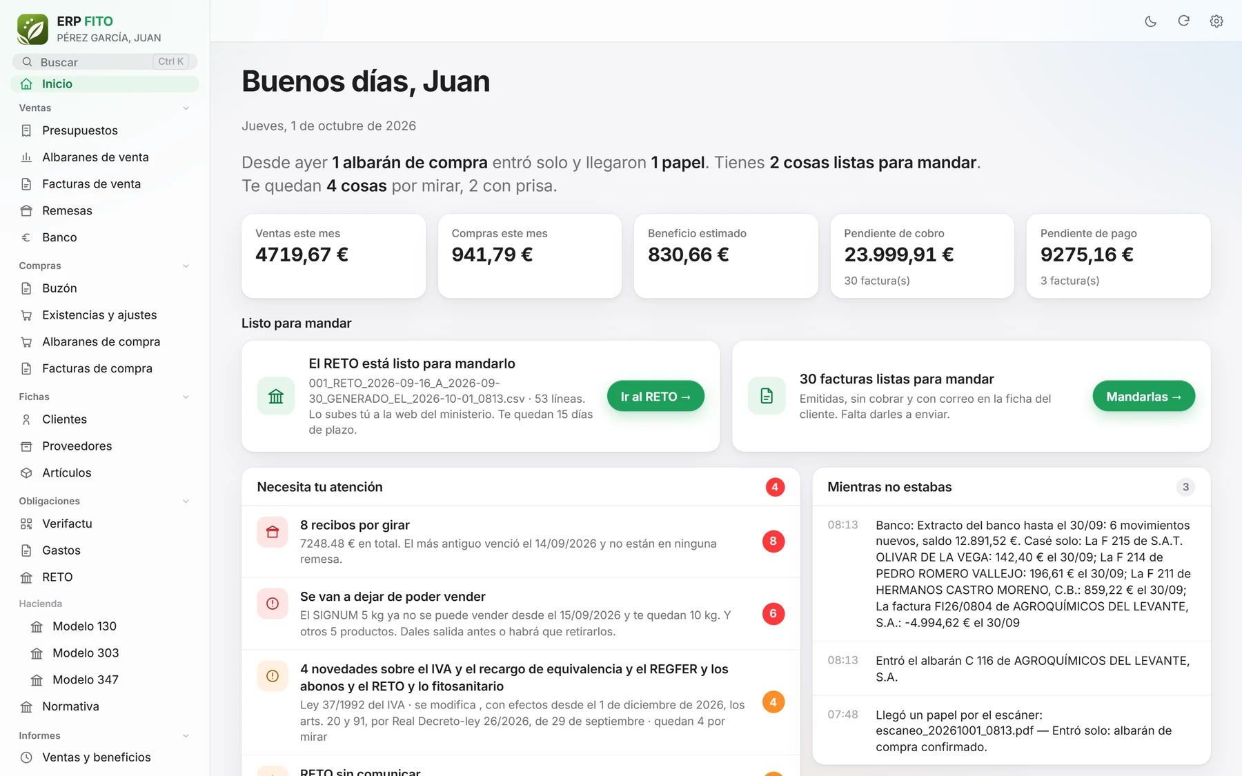 ERP FITO al abrirlo por la mañana: «Desde ayer 1 albarán de compra entró solo… Tienes 2 cosas listas para mandar»