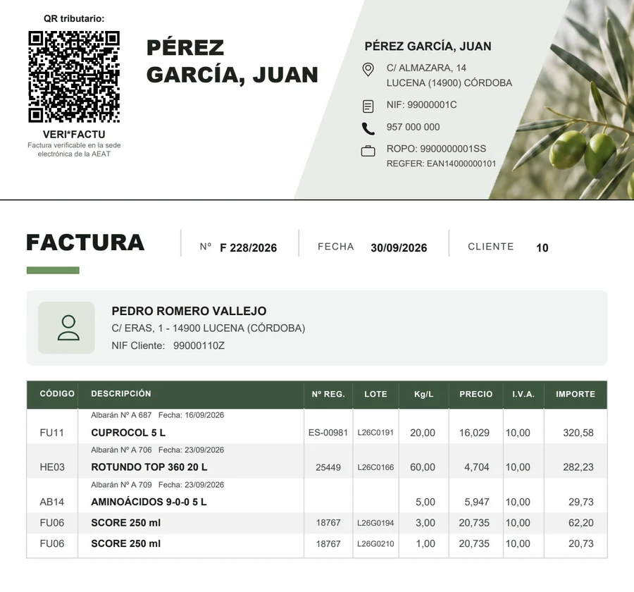 Una factura de ERP FITO con su código QR de Verifactu