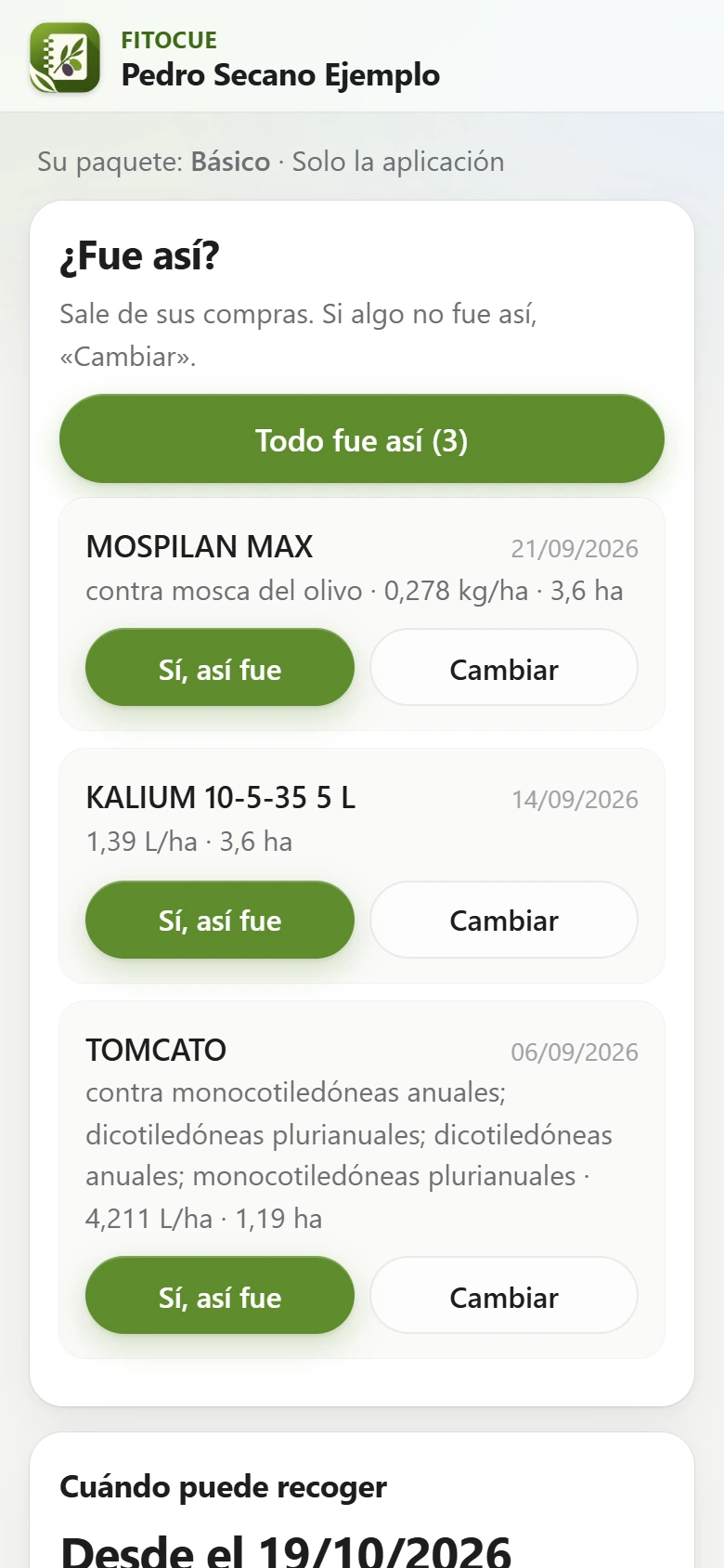 FITOCUE en el móvil del agricultor: «¿Fue así?», con sus tratamientos sacados de sus compras