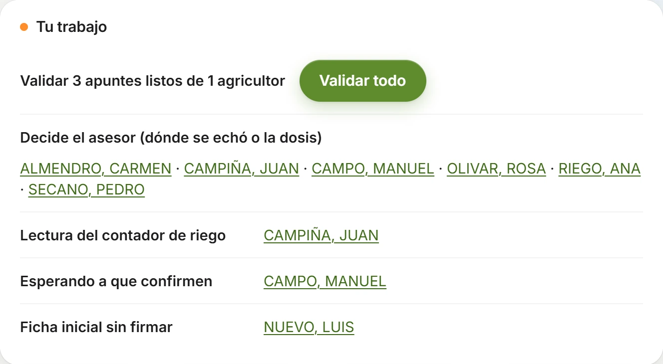 La bandeja «Tu trabajo»: validar 3 apuntes con un botón, lo que decide el asesor y lo que falta de cada agricultor