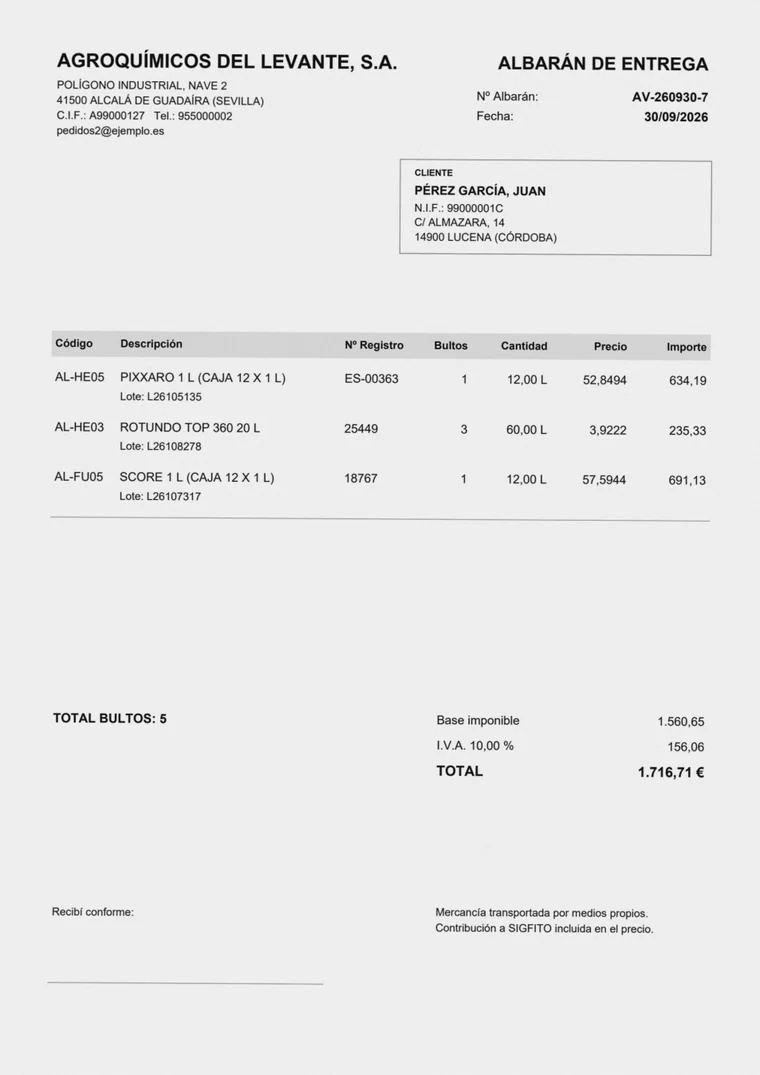 El albarán de entrega del proveedor, en papel